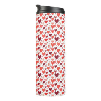 Playful hand drawn red hearts pattern on white thermal tumbler