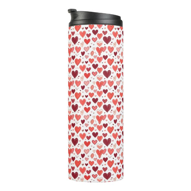 Playful hand drawn red hearts pattern on white  thermal tumbler (Rotated Right)