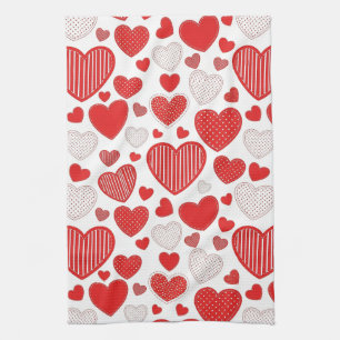 Playful Hand-Drawn Valentine Hearts Pattern (6) Tea Towel