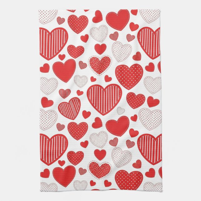 Playful Hand-Drawn Valentine Hearts Pattern (6) Tea Towel (Vertical)