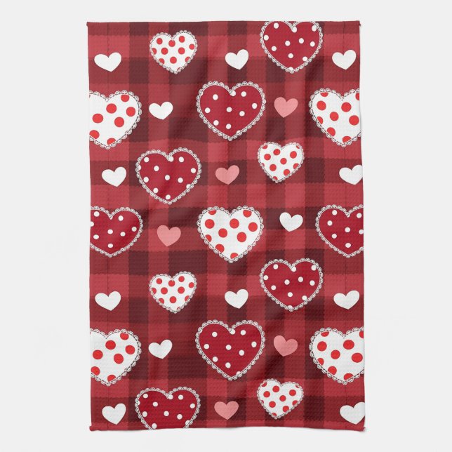 Playful Hand-Drawn Valentine Hearts Pattern (9) Tea Towel (Vertical)