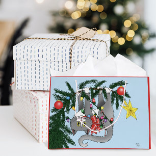 Playful Hanging Christmas Tree Grey Cat Large Gift Bag