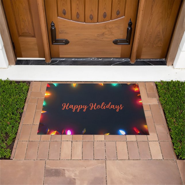 Playful Happy Holidays with Colourful Light Border Doormat (Outdoor)