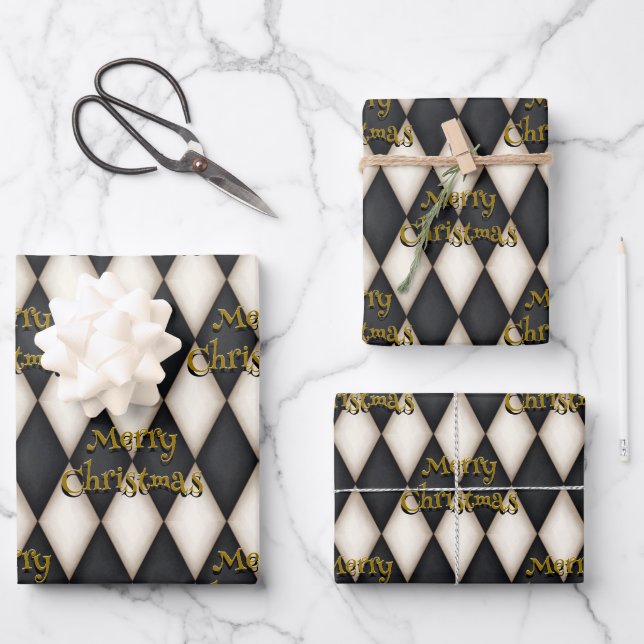 Playful Harlequin Floating Text Christmas Wrapping Paper Sheet (Front)