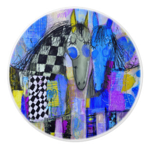 Playful Hearts And Chequerboard Horses Ceramic Knob