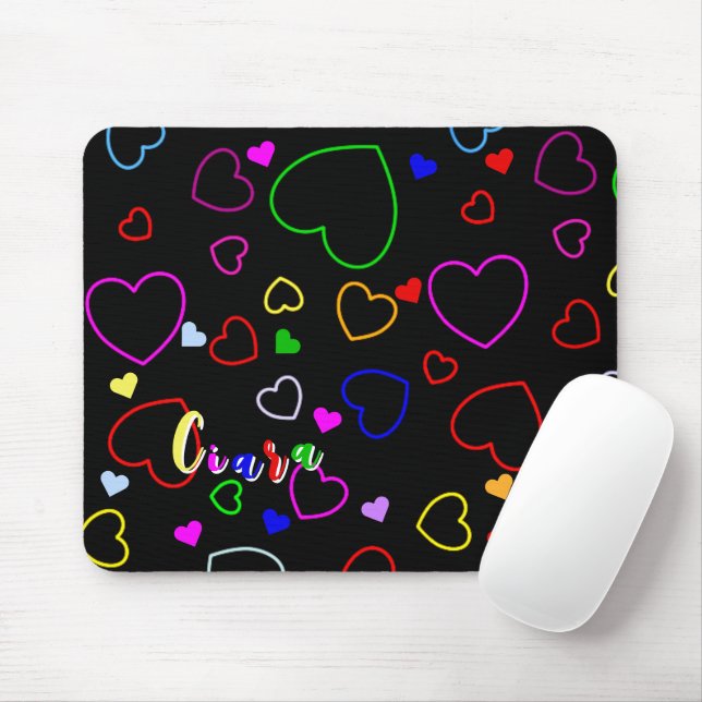 Playful Hearts And Your Custom Name, Colourful Mouse Mat (With Mouse)