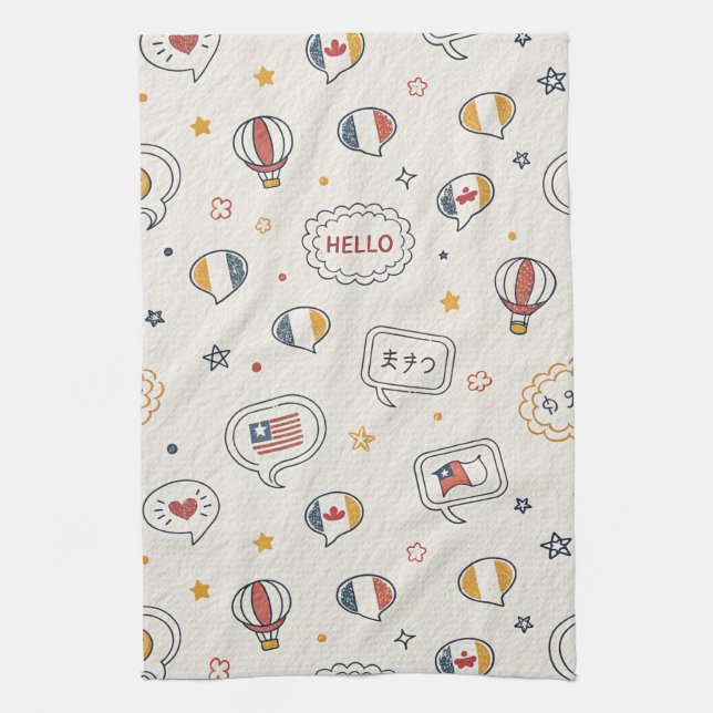 Playful Hello Speech Bubbles Seamless Pattern Tea Towel (Vertical)