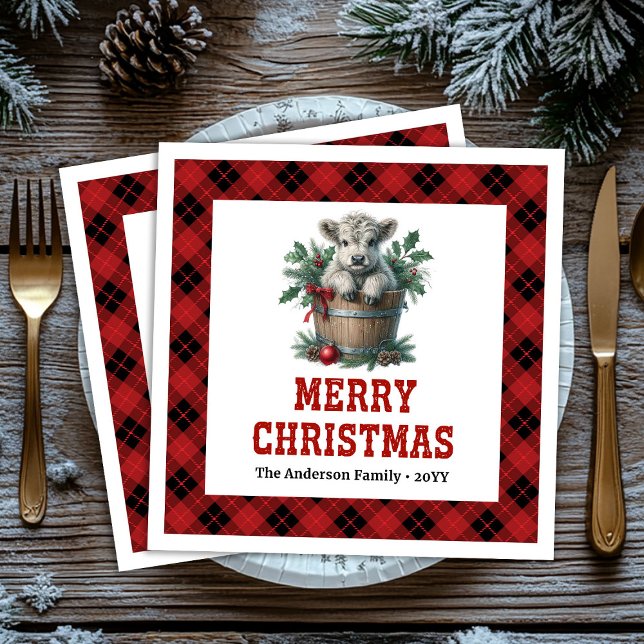 Playful highland cow red black tartan napkins (Playful highland cow red black tartan napkin)