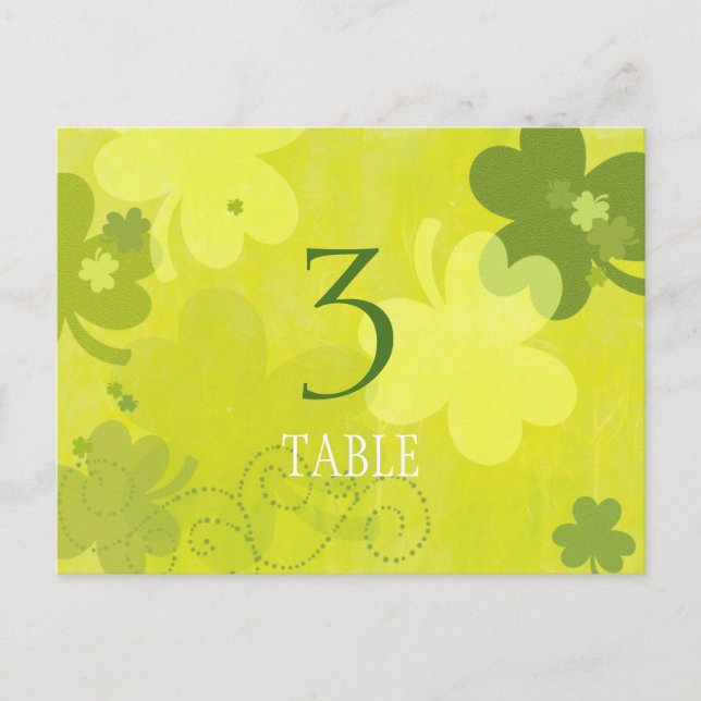 Playful Irish Shamrocks Wedding Table Number Card (Front)