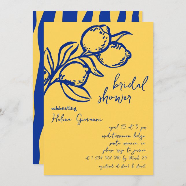 Playful Italian Handwritten Lemon Bridal Shower Invitation (Front/Back)