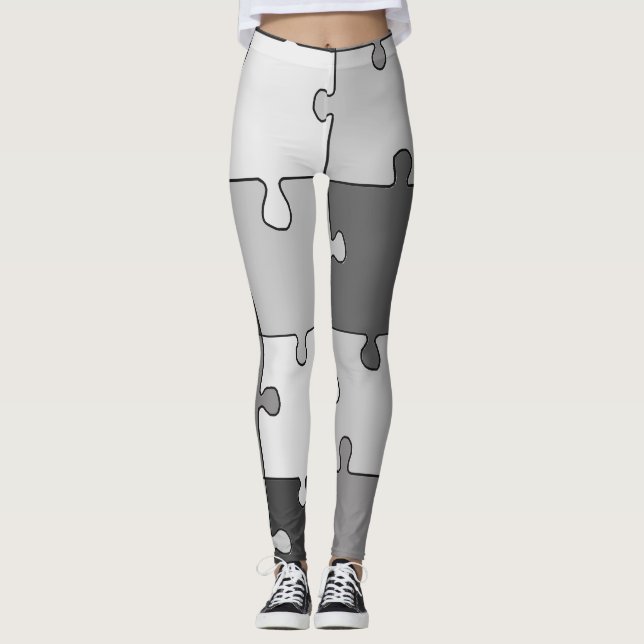 Playful Jigsaw Grey Tones Puzzle Leggings (Front)