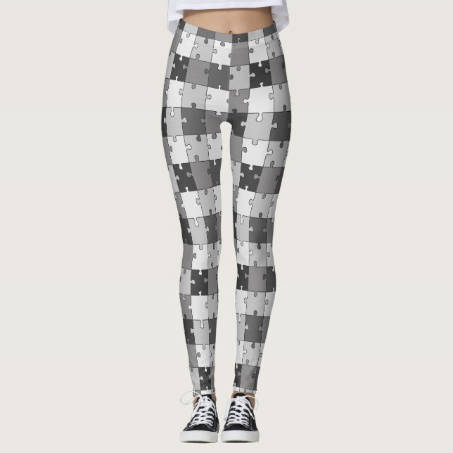 Playful Jigsaw Puzzle Grey Tones Leggings (Front)