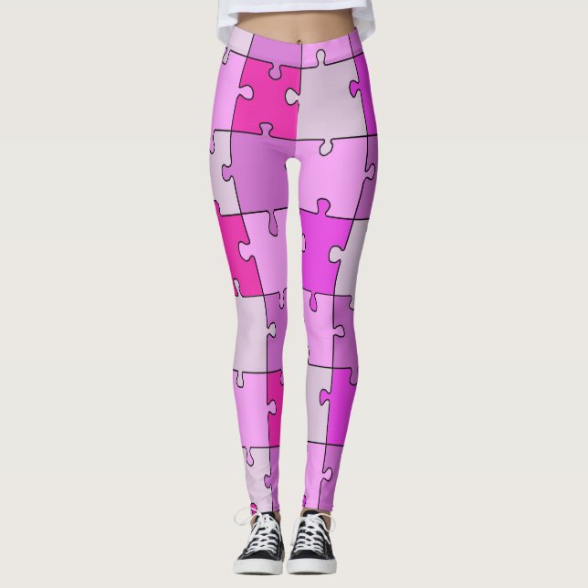 Playful Jigsaw Puzzle Pink Tones Leggings (Front)