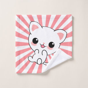 Playful Kawaii White Kitten Custom Bath Towel Set
