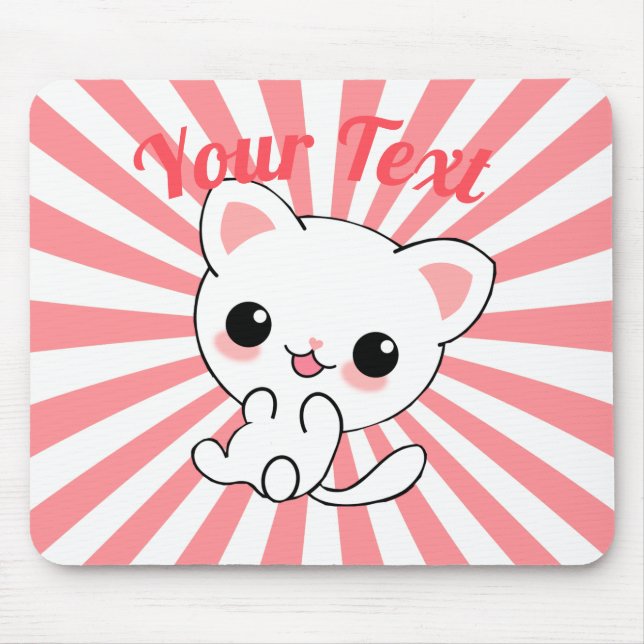 Playful Kawaii White Kitten Custom Mouse Mat (Front)