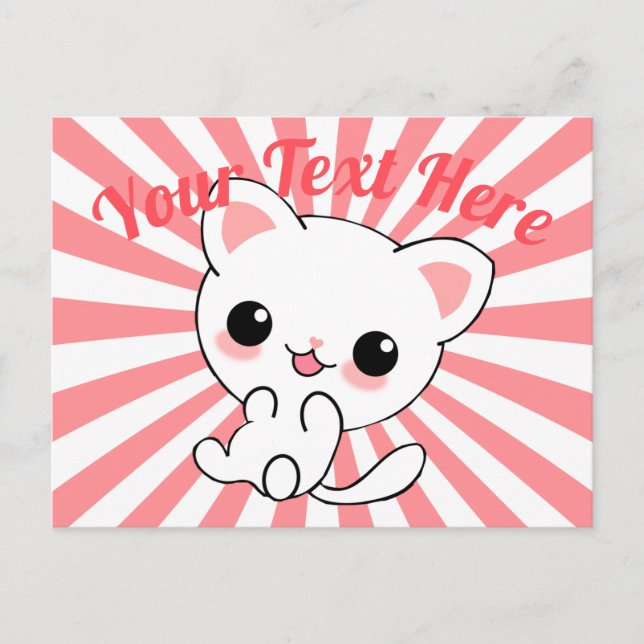 Playful Kawaii White Kitten Custom Postcard (Front)