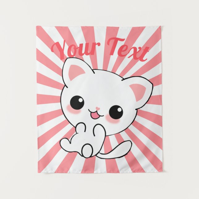 Playful Kawaii White Kitten Custom Tapestry (Front)