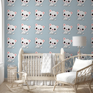 Playful Kawaii White Kitten on Blue Wallpaper