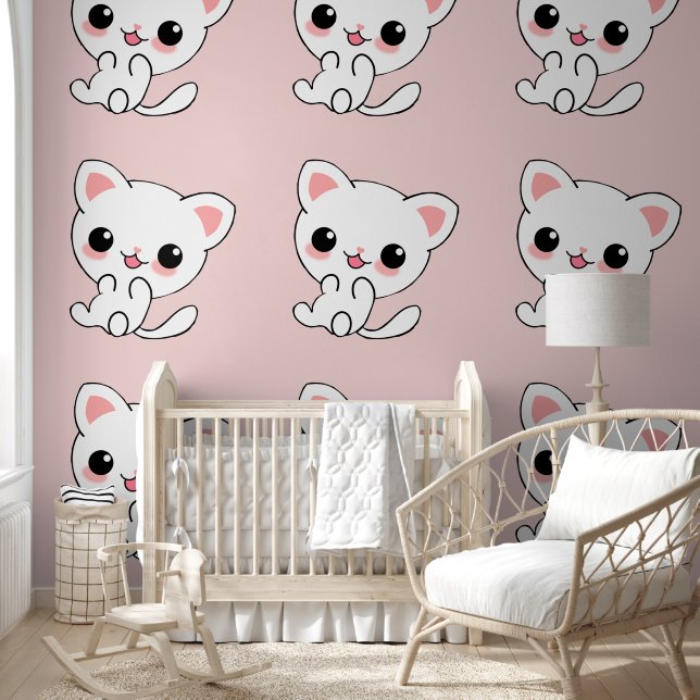 Playful Kawaii White Kitten on Pink Wallpaper (Kids)