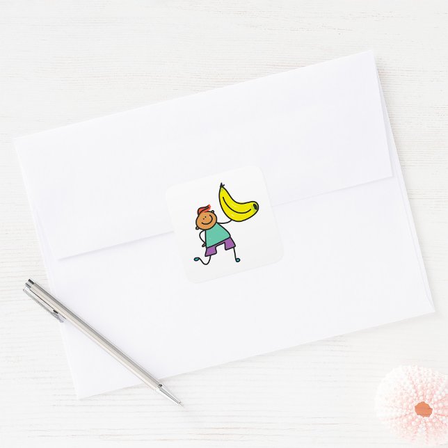 Playful Kid Holding Big Yellow Banana Square Sticker (Creator Uploaded)