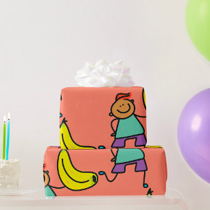 Playful Kid Holding Big Yellow Banana Wrapping Paper