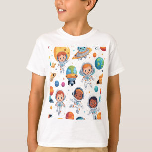 Playful Kids in Space Suits with Alien Friends T-Shirt