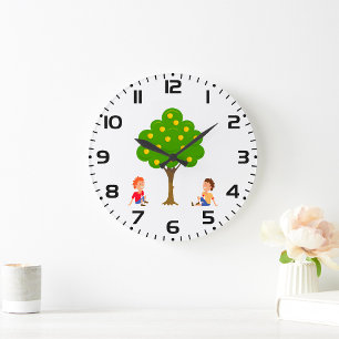 Playful Kids Sitting Under an Apple Tree Large Clock