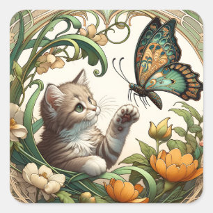 Playful Kitten and Butterfly Art Nouveau Square Sticker
