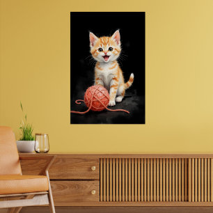 Playful Kitten Cat with Yarn Watercolor Print