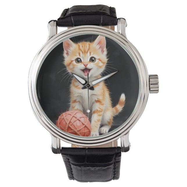 Playful Kitten Cat with Yarn Watercolor Print Watch (Front)