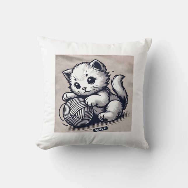 Playful Kitten with Yarn – Adorable Ink Art Cushion (Front)