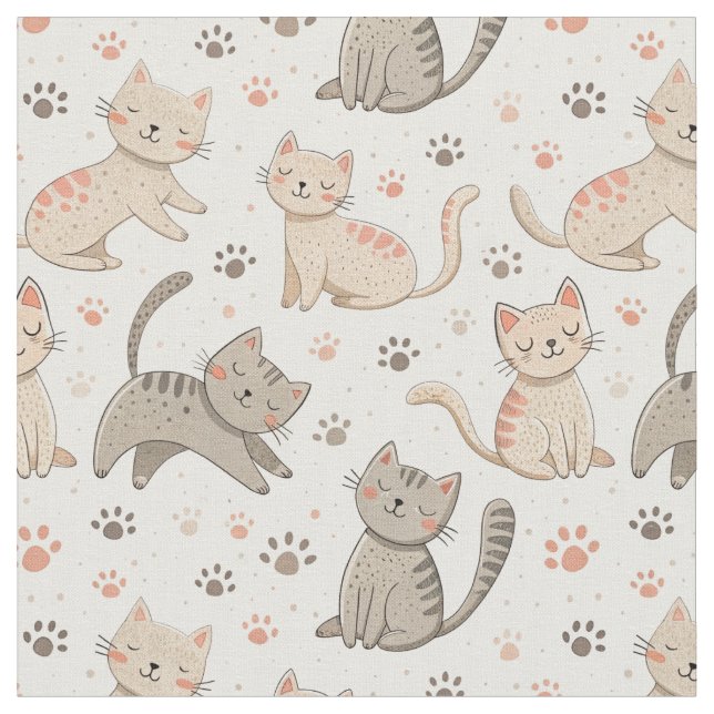 Playful Kittens and Paw Prints - Kids Cat Pattern Fabric (Close Up)