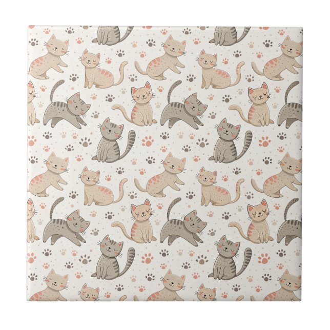 Playful Kittens and Paw Prints - Kids Cat Pattern Tile (Front)