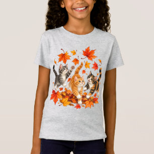 Playful Kittens Chasing Autumn Leaves T-Shirt