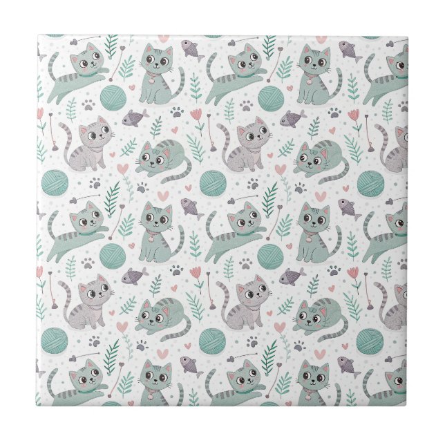 Playful Kittens, Yarn, and Fish - Cute Cat Pattern Tile (Front)