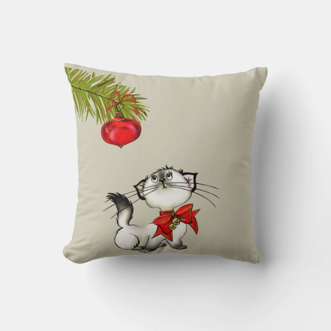 Playful Kitty Cat In A Red Christmas Bow Cushion (Front)