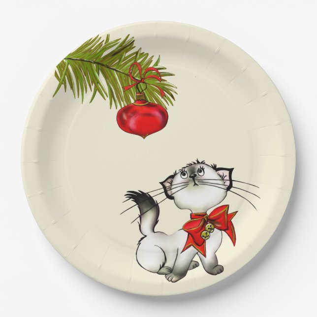 Playful Kitty Cat In A Red Christmas Bow Paper Plate (Front)