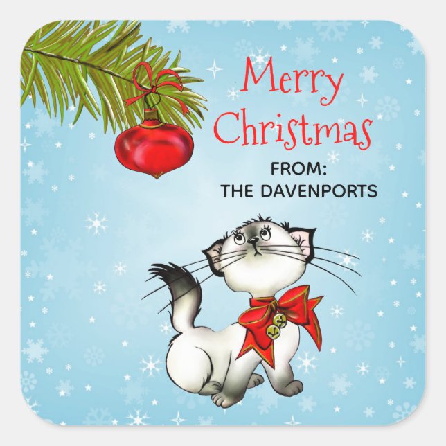 Playful Kitty Cat In A Red Christmas Bow Square Sticker (Front)