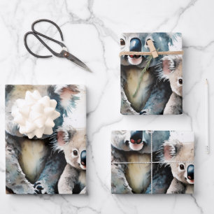 Playful Koala Family in Watercolor Meadow Wrapping Paper Sheet