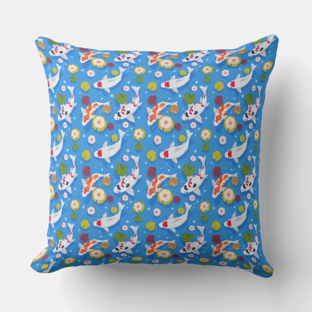 Playful Koi Fish Blue Pond Pattern Design Cushion (Front)