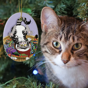 Playful Lavender Catnip Christmas Cat Funny Ceramic Tree Decoration