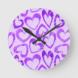 Playful Lavender Purple Cute Sketch Heart Pattern Round Clock