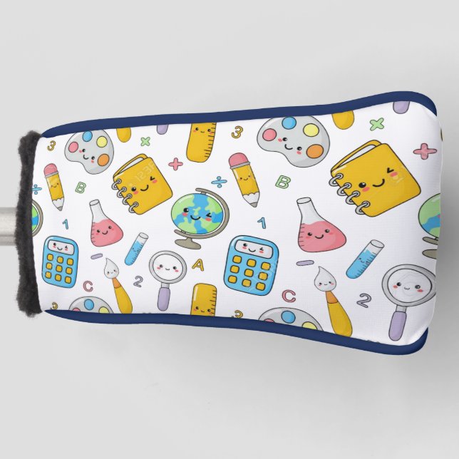 Playful Learning – Cute Education Seamless Pattern Golf Head Cover (Front)