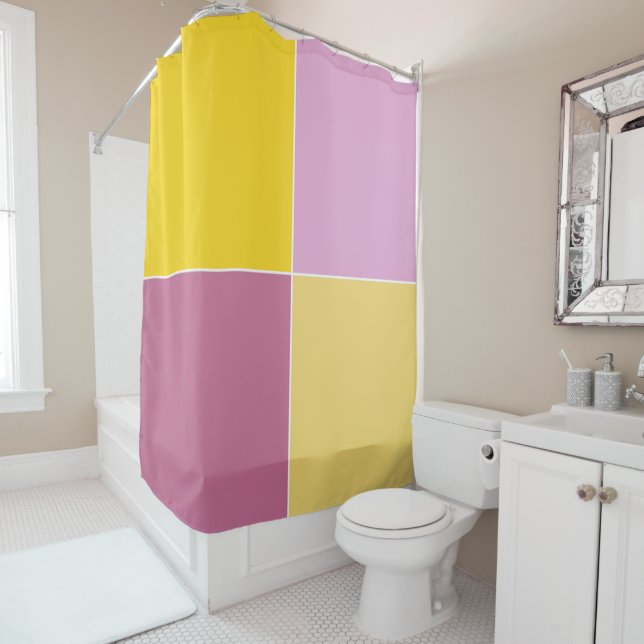 Playful Lemon Raspberry Squares Shower Curtain (In Situ)