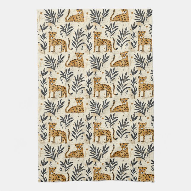 Playful Leopard Jungle Pattern Tea Towel (Vertical)