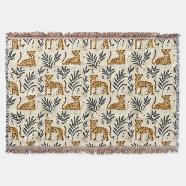 Playful Leopard Jungle Pattern Throw Blanket (Front)