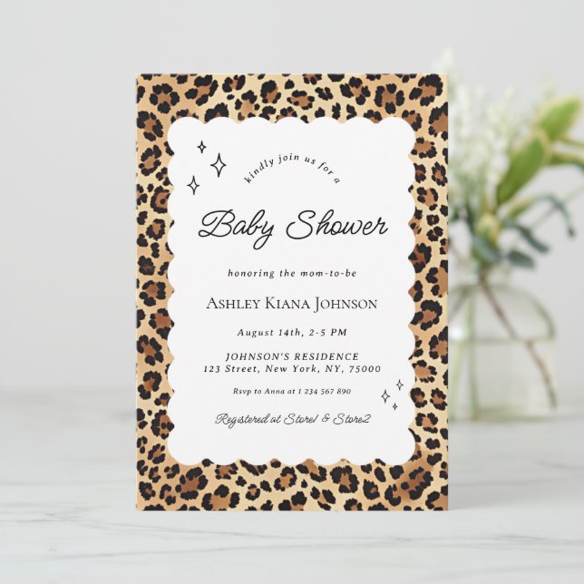 Playful Leopard Print Wavy Frame Baby Shower Invitation (Standing Front)