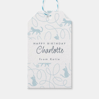 Playful Light Blue Cat Pattern Birthday Gift Tags