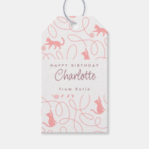 Playful Light Coral Pink Cat Pattern Birthday Gift Tags