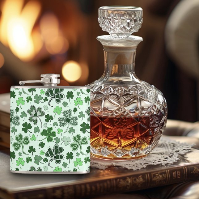 Playful Light Green Shamrock Hearts Pattern Celtic Hip Flask (Creator Uploaded)
